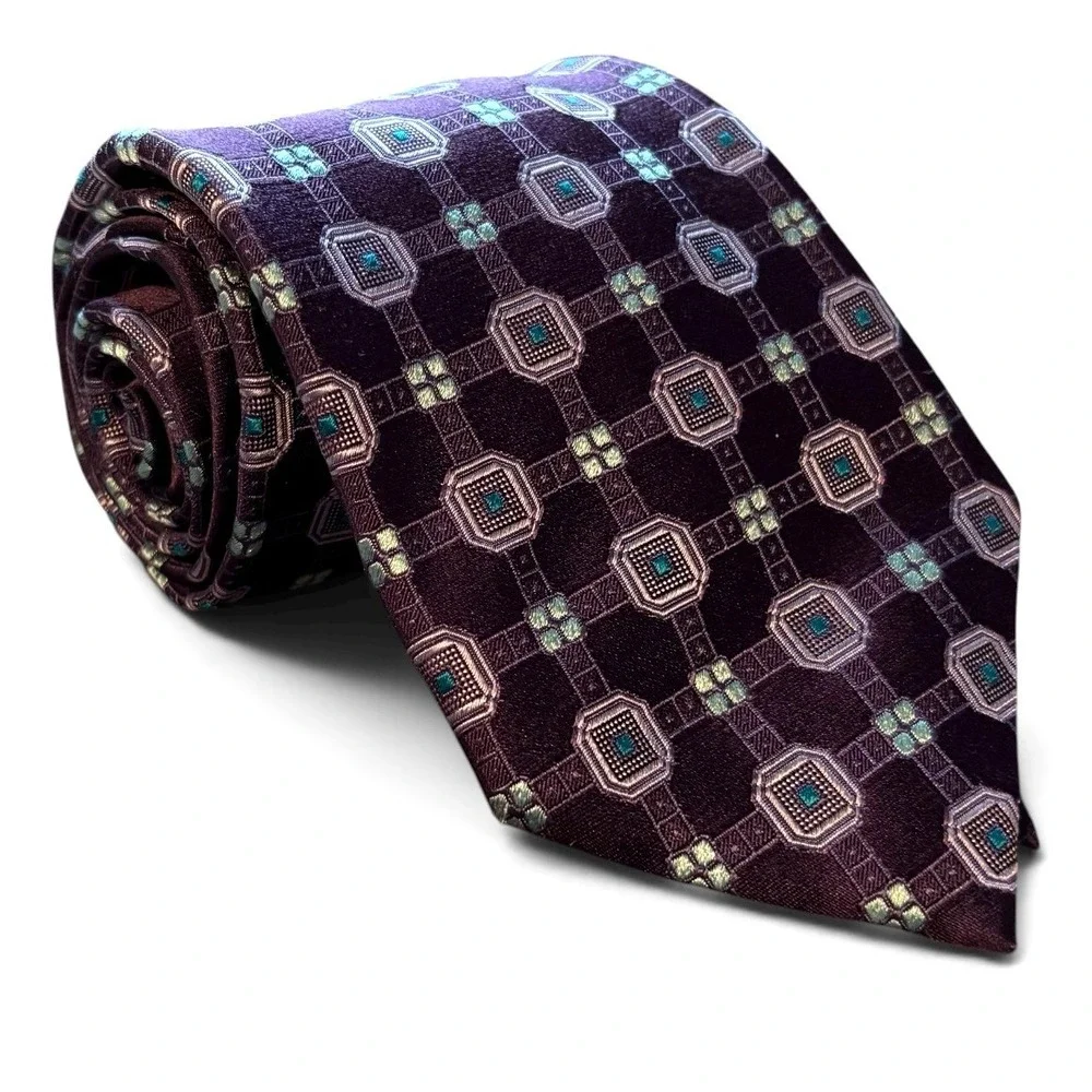 Canali Silk‎ Necktie Mens One Size Purple Geometric Medallion Made in Italy